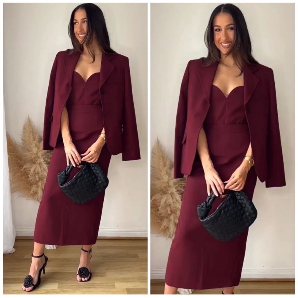 Zara Burgundy 3 pieces Blazer, skirt & corset Set